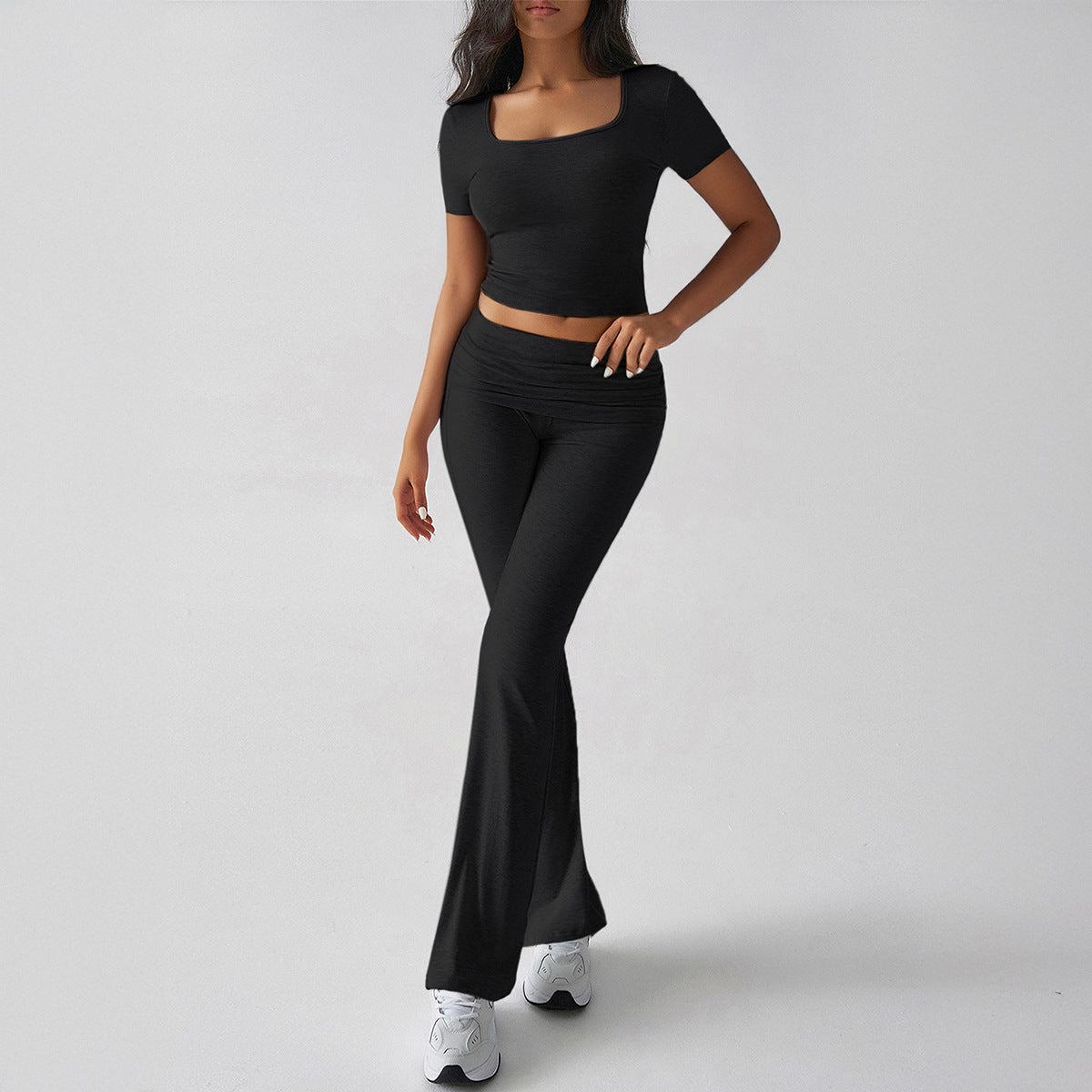 Women's Two-Piece Set – Fitted Crop Top Square Neck – High-Waisted Flared Pants
