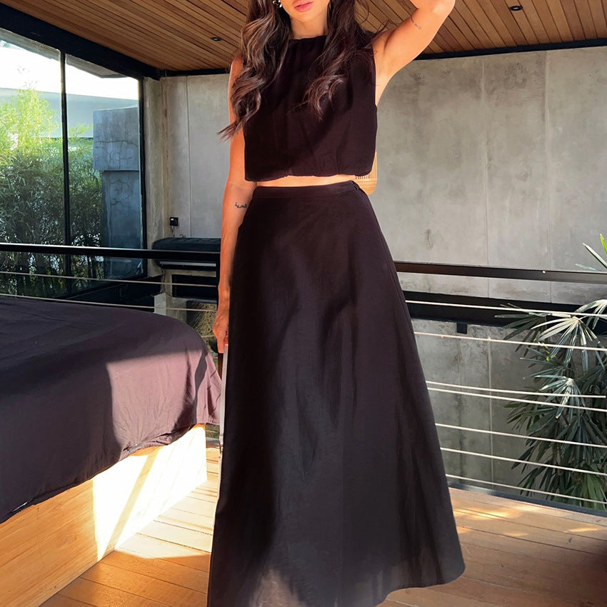 Women's Two-Piece Set – Loose Cropped Top – High Waist Midi Skirt – Breathable Fabric