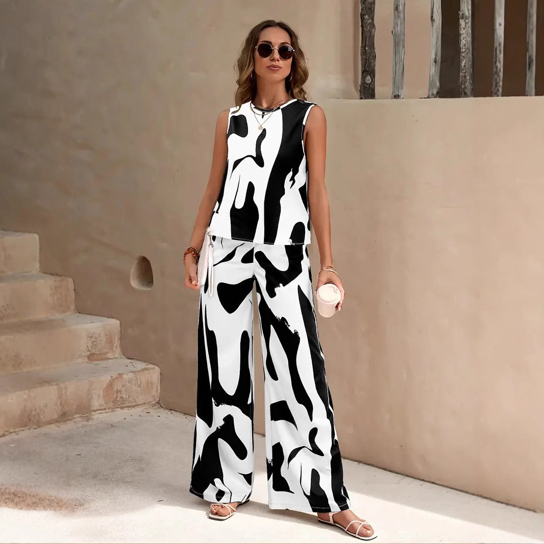 Women's 2-Piece Set – Sleeveless Top – Wide-Leg Pants – Relaxed Fit – Breathable Fabric