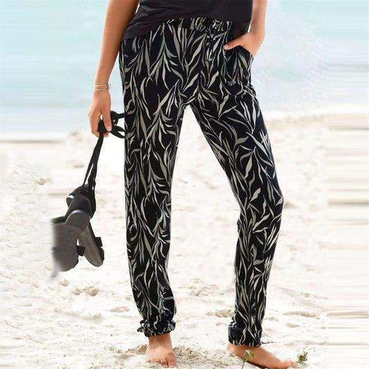 Women's casual pants – Loose fit – Elastic waist – Tapered ankle – Printed drawstring