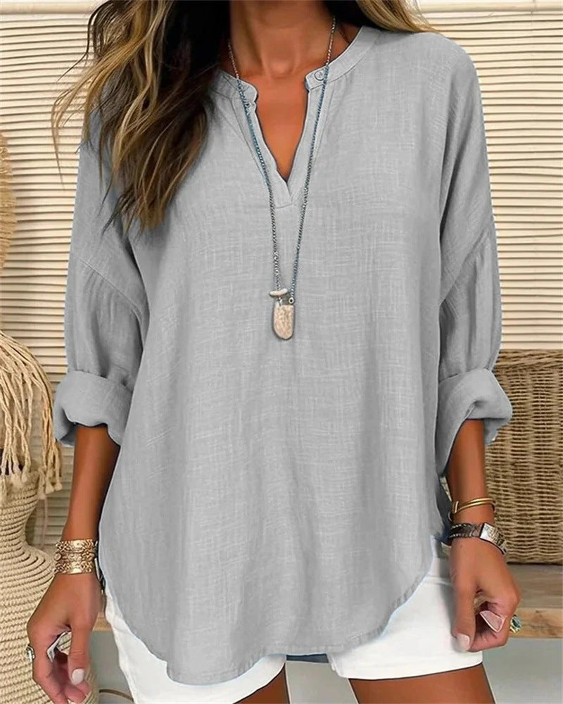 Chemise femme manches longues – Coupe décontractée – Col mao – Tissu respirant élégant