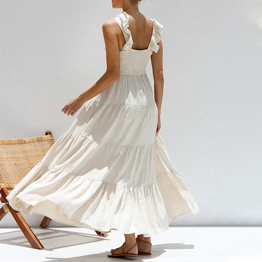 Women's long dress – Flowing cut – Ruffled straps – Breathable fabric – Ruffled skirt