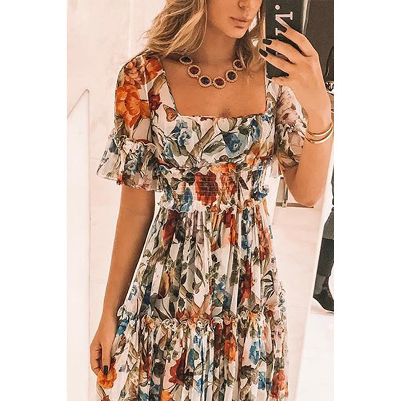 Women's long dress – Fluid cut – Smocked bustier – Ruffled sleeves – Breathable fabric