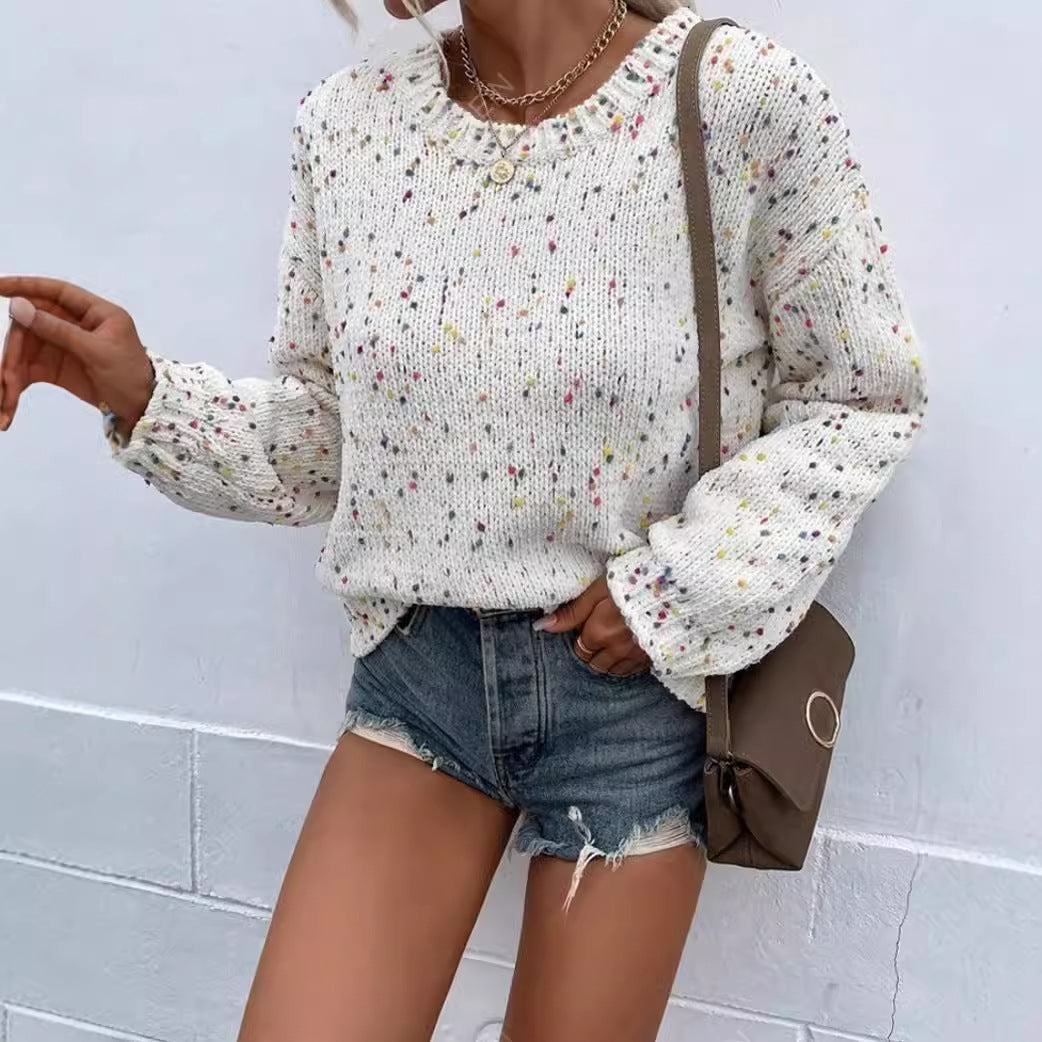 Pull Femme – Coupe Décontractée – Maille Douce – Finition Côtelée – Motif Moucheté