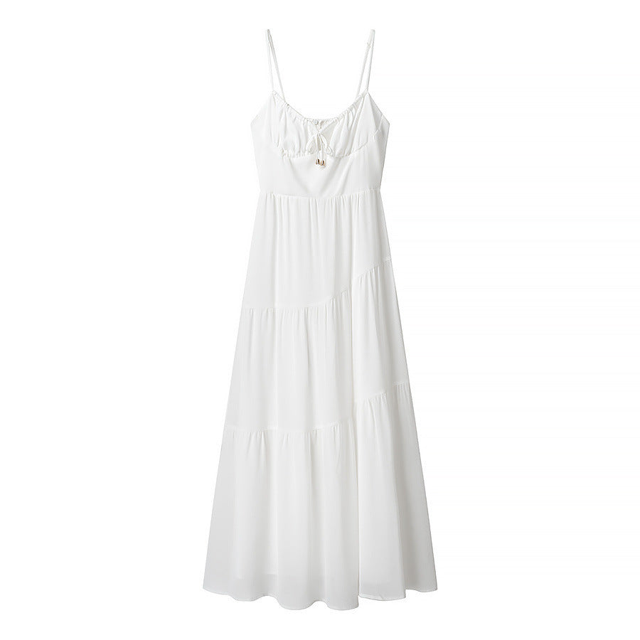 Robe longue femme – Coton léger – Bretelles fines – Dos nu – Jupe à volants