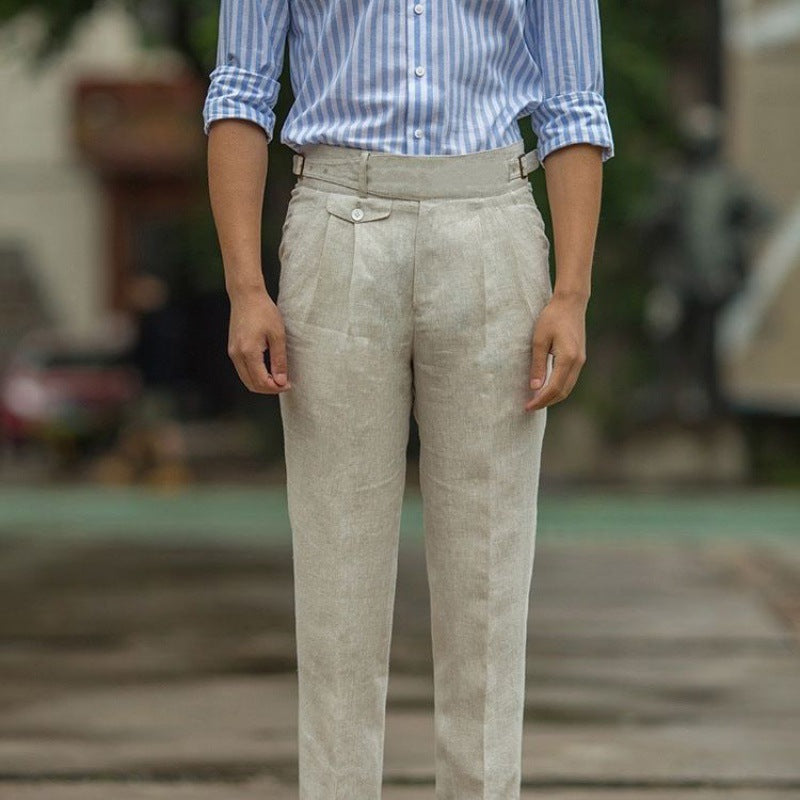 Men's slim trousers – High waist – Natural fibres – Pleats – Cuffed hem