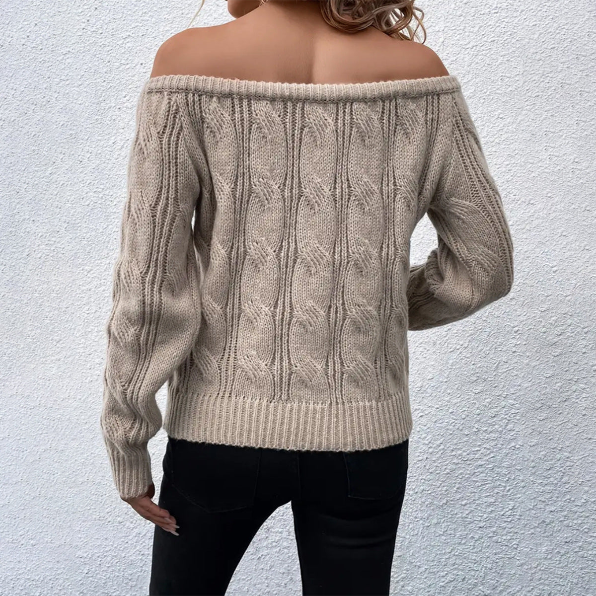 Pull femme – Coupe décontractée – Tricot doux – Épaules dénudées – Maille torsadée