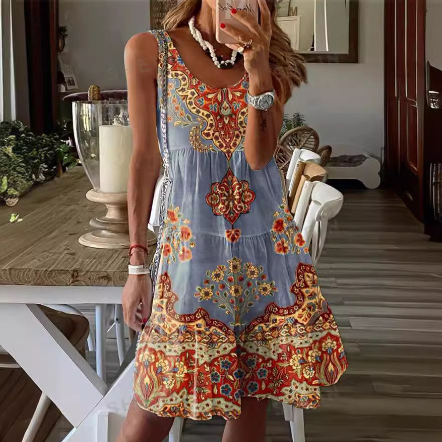Robe femme sans manches – Coupe fluide – Col rond – Motifs ornementaux – Longueur genou