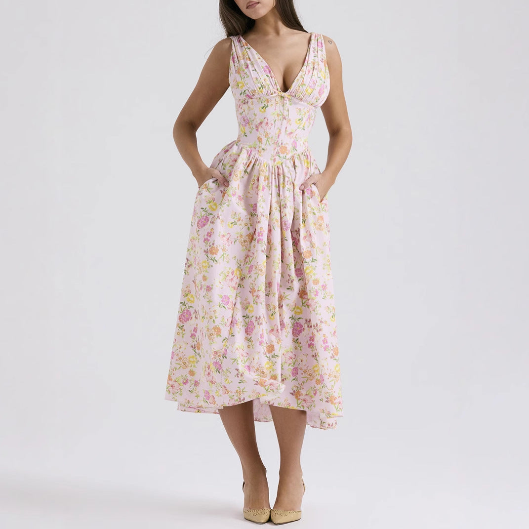 Robe femme sans manches – Décolleté en V – Coupe évasée – Imprimé fleuri – Longueur midi
