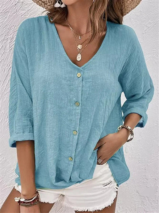 Women's blouse – Linen – Relaxed fit – V-neck – Buttoned 3/4 sleeves