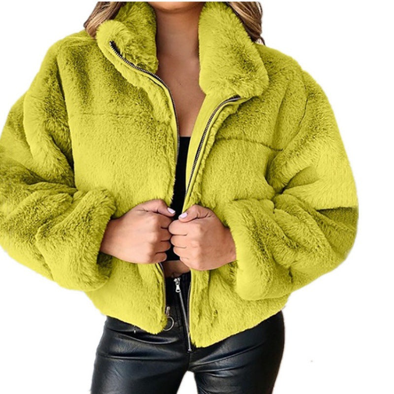 Women's cardigan coat – Faux fur – Oversize cut – Zip-up stand collar