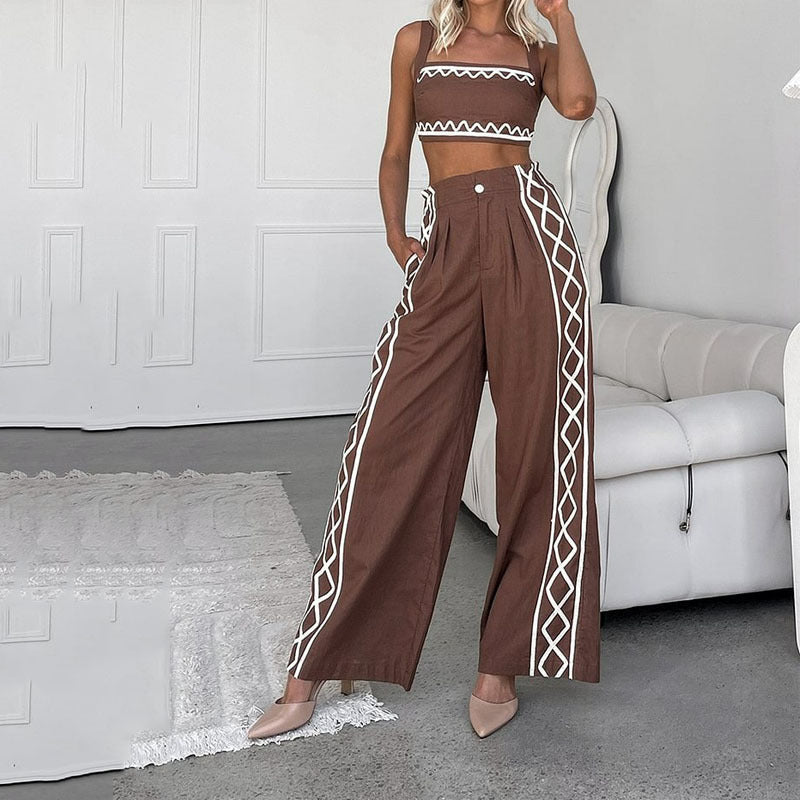 Ensemble Femme Deux Pièces – Top Asymétrique Épaules Dénudées – Pantalon Large Taille Haute Imprimé