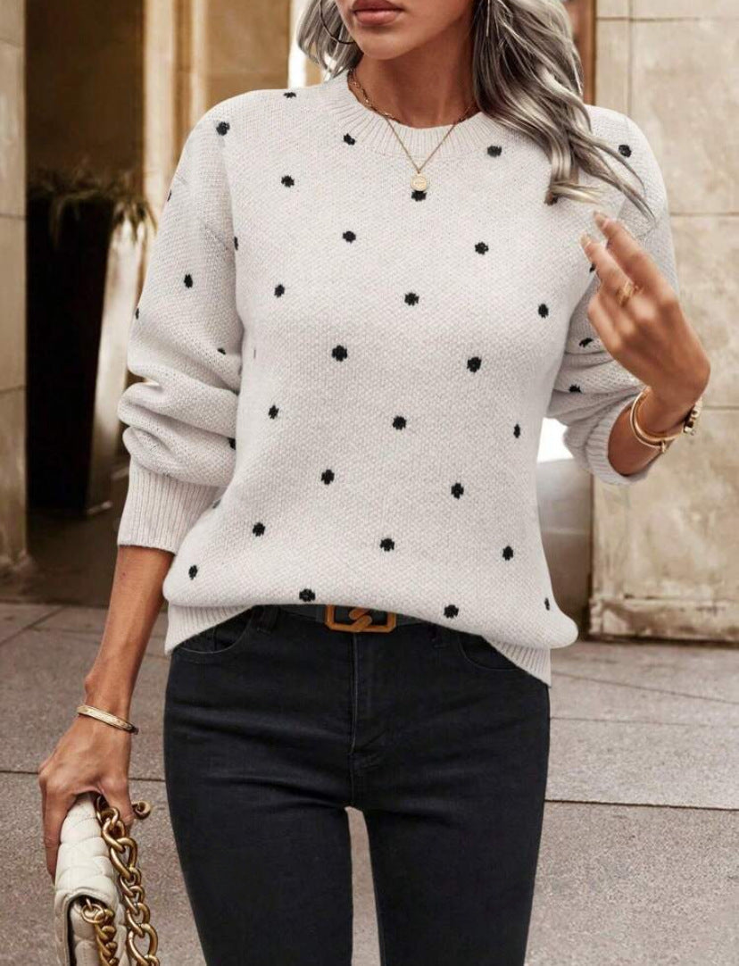 Pull femme – Coupe décontractée – Pois – Col rond – Manches longues