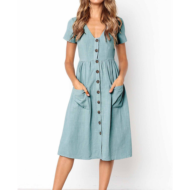 Women's flared dress – Buttoned front – Short sleeves – Breathable fabric – Midi length