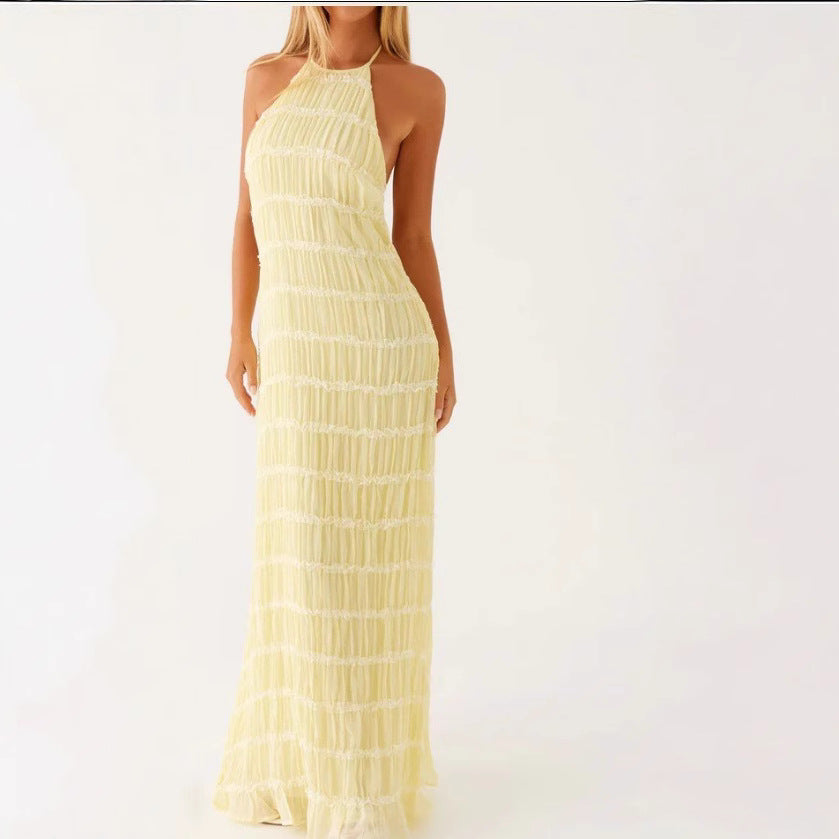 Robe longue femme – Col halter – Dentelle – Taille nouée – Coupe fluide