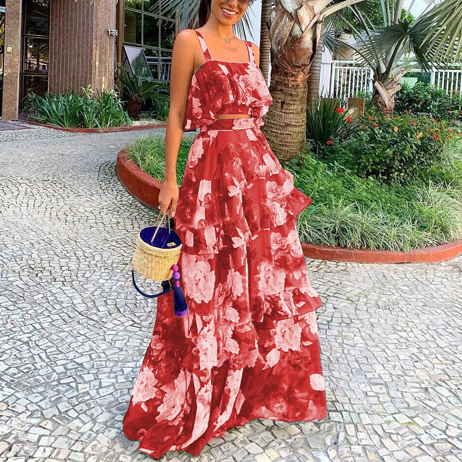 Women's Two-Piece Set – Flowy Cut – Top With Thin Straps – Long Skirt With Ruffles