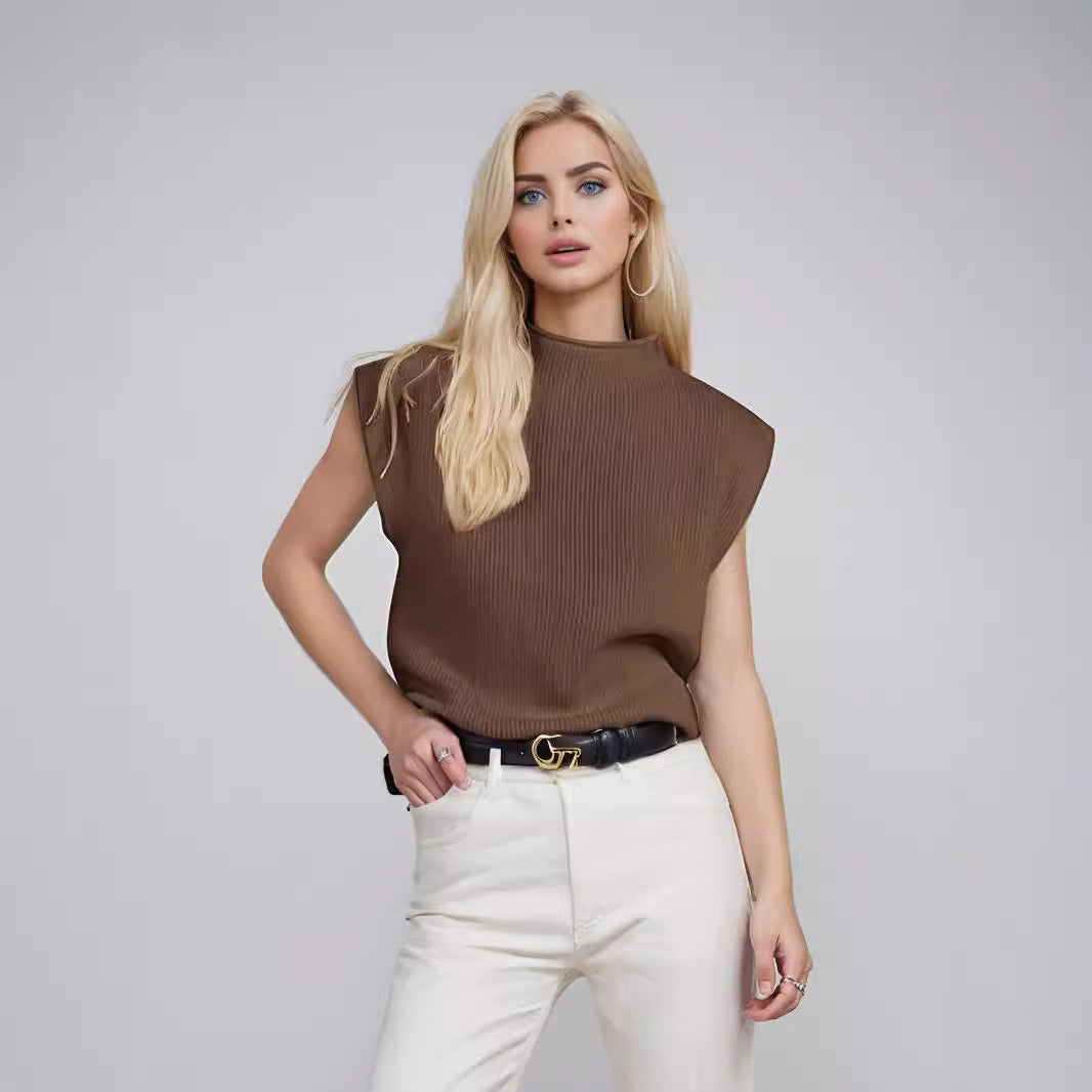 Débardeur Col Roulé Femme – Coupe Ample – Tricot Doux – Texture Côtelée