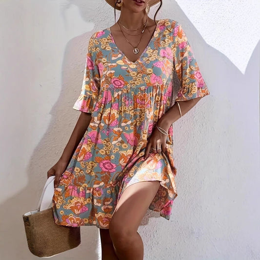 Women's dress – Fluid cut – V-neck – 3/4 ruffled sleeves – Floral print – Cotton