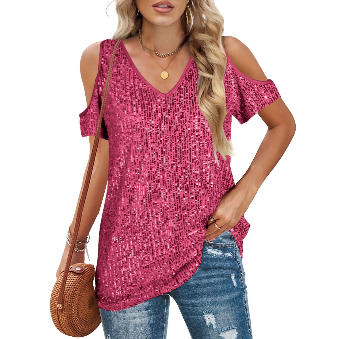 Women's V-neck top – Loose fit – Bare shoulders – Front with shiny sequins