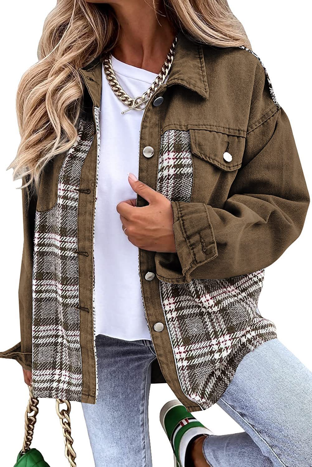 Women's jacket – Oversized cut – Cotton blend – Long sleeves – Denim and plaid style