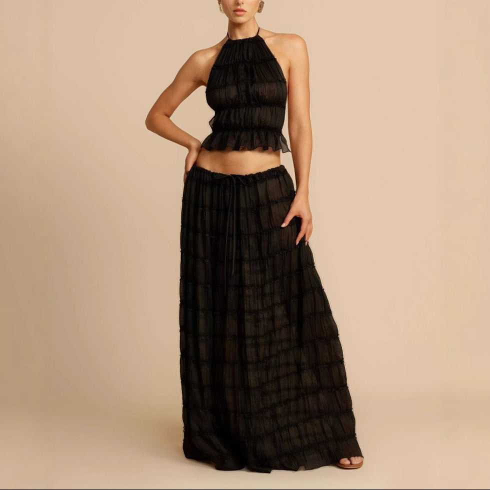 Women's Two-Piece Set – Ruched Halter Top – Long Skirt Elastic Waist – Breathable Fabric