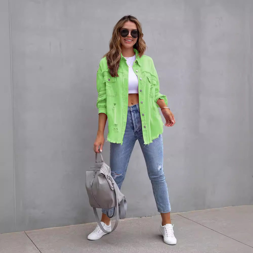 Veste en jean femme – Coupe oversize – Longueur mi-longue – Détails usés et effilochés