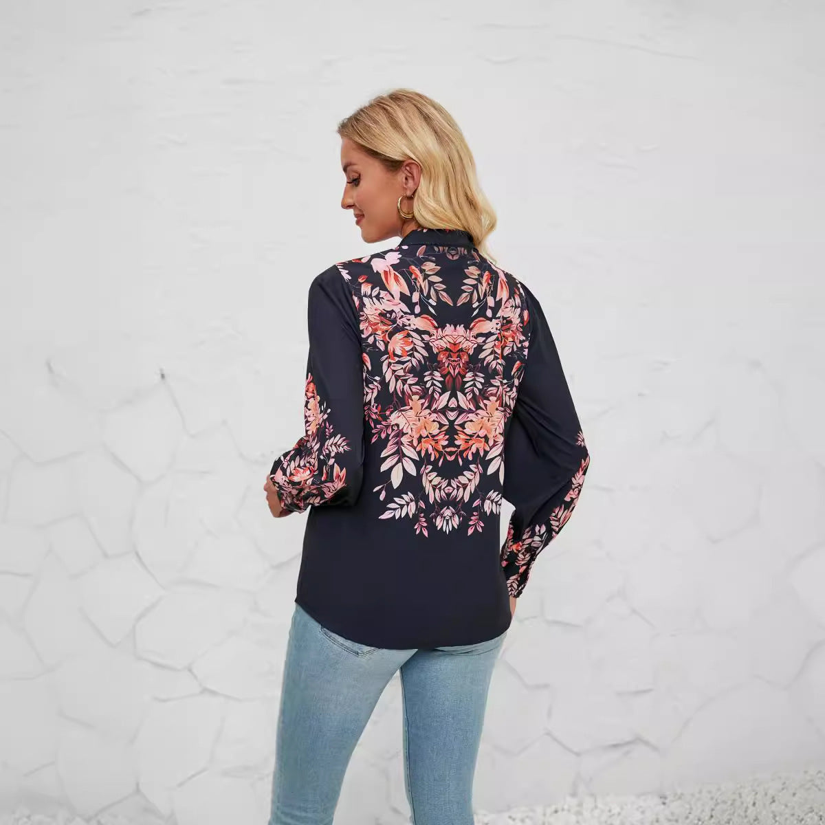 Blouse femme – Coupe décontractée – Tissu léger – Manches longues – Imprimé fleuri