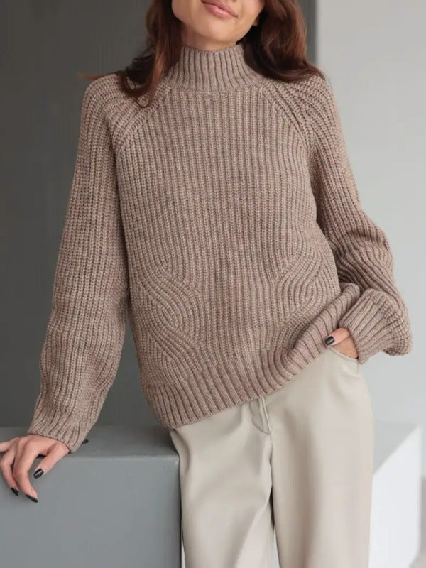 Pull femme – Maille douce – Coupe droite ample – Col montant – Manches raglan côtelées