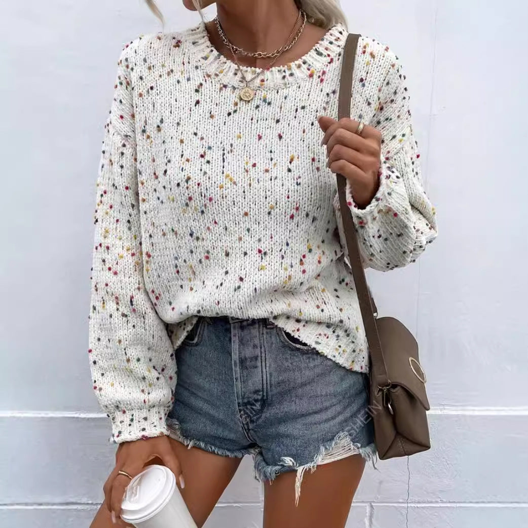 Pull Femme – Coupe Décontractée – Maille Douce – Finition Côtelée – Motif Moucheté
