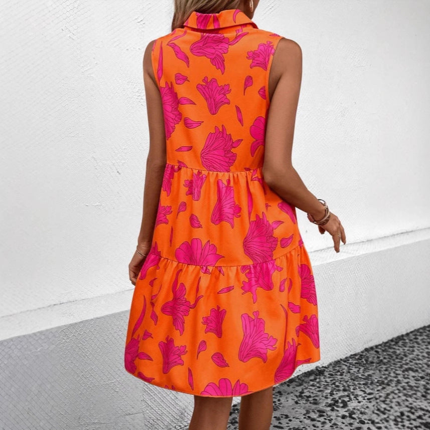 Robe courte femme – Coupe évasée – Sans manches – Boutonnée – Imprimé fleuri