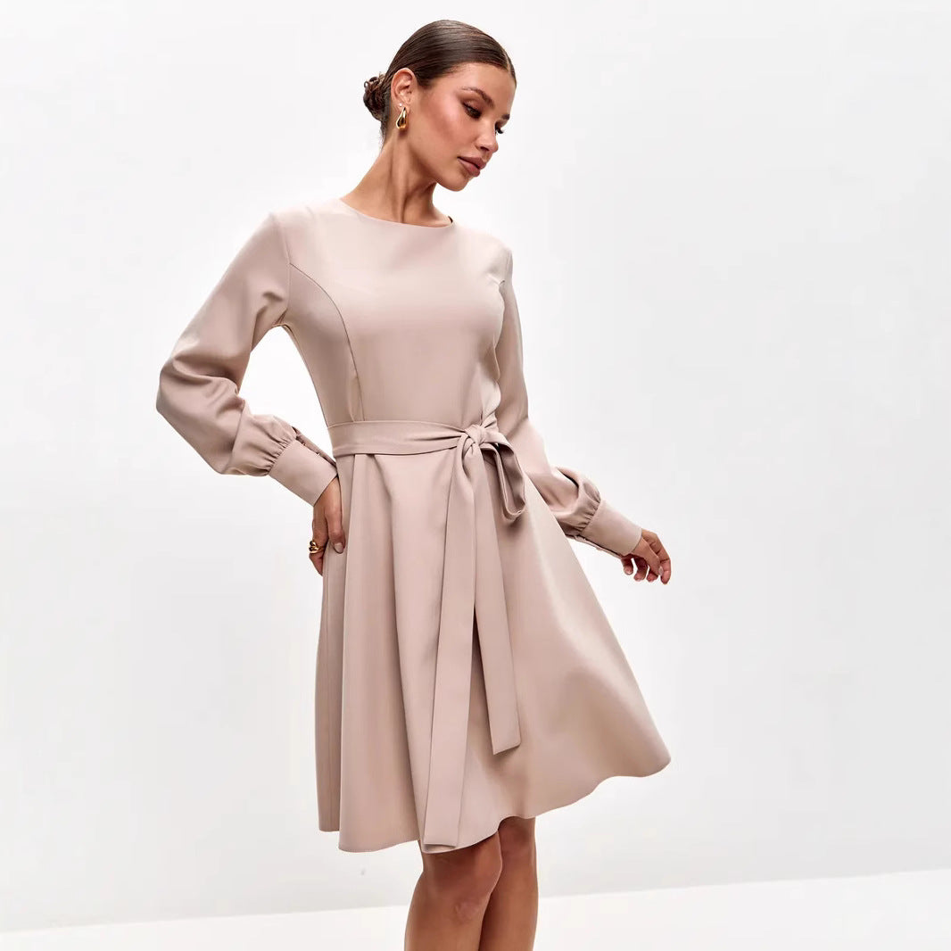 Robe midi femme – Coupe ajustée – Manches longues – Nœud taille – Tissu fluide