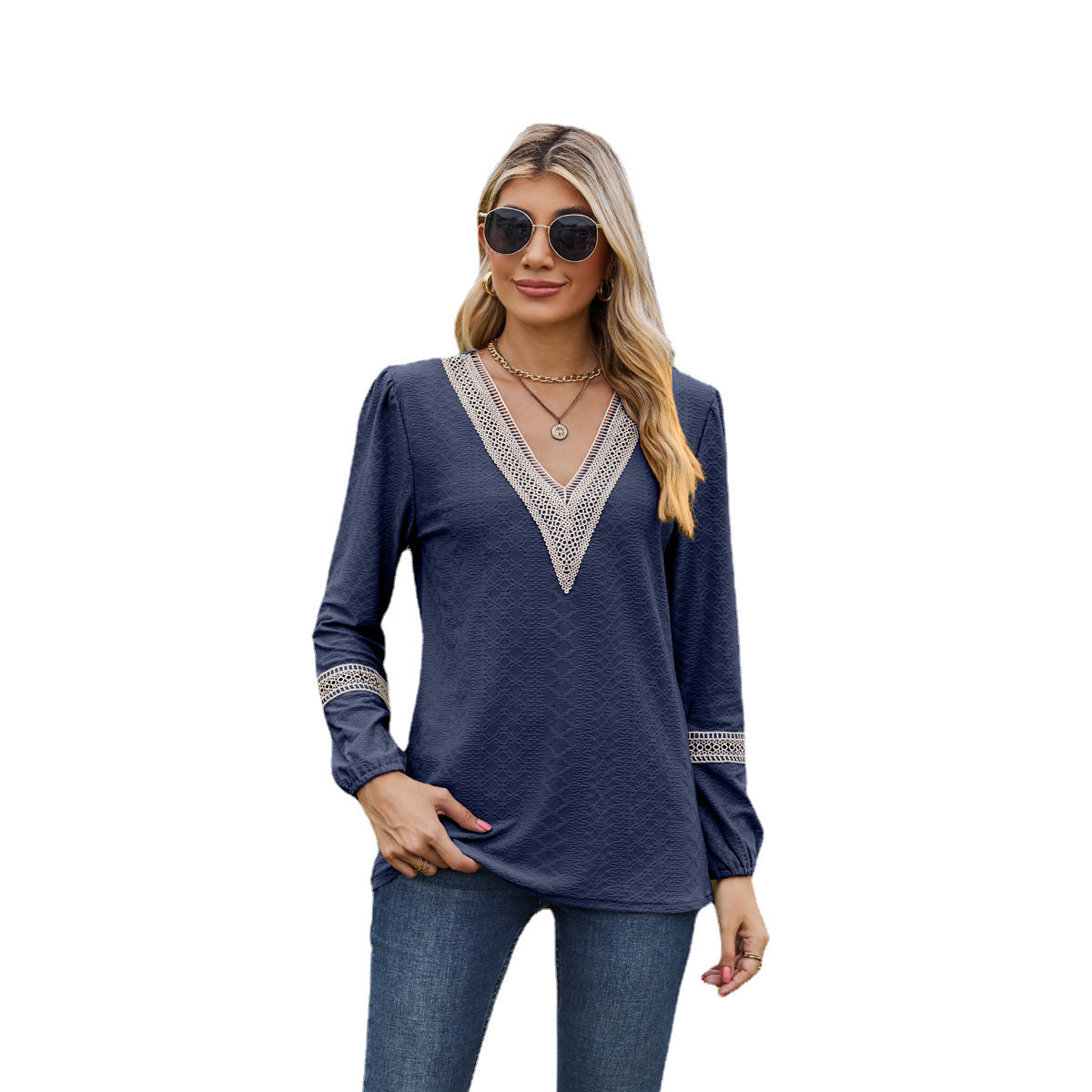 T-shirt women's long sleeves – Loose fit – V-neck lace – Soft breathable fabric