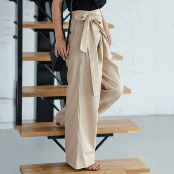 Pantalon femme large – Taille haute – Ceinture nouée – Tissu fluide – Longueur cheville