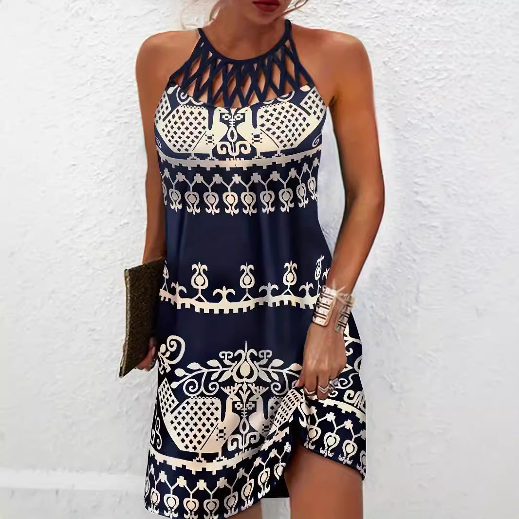 Women's dress – Fitted cut – Openwork halter neck – Foliage print – Mini length