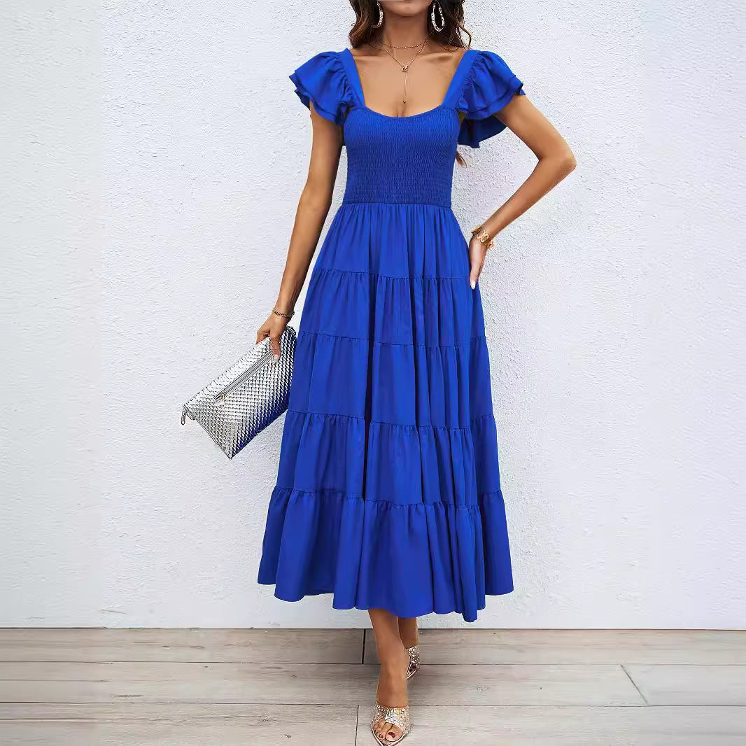 Women's long dress – Ruffled straps – Smocked bustier – Flowing flared cut