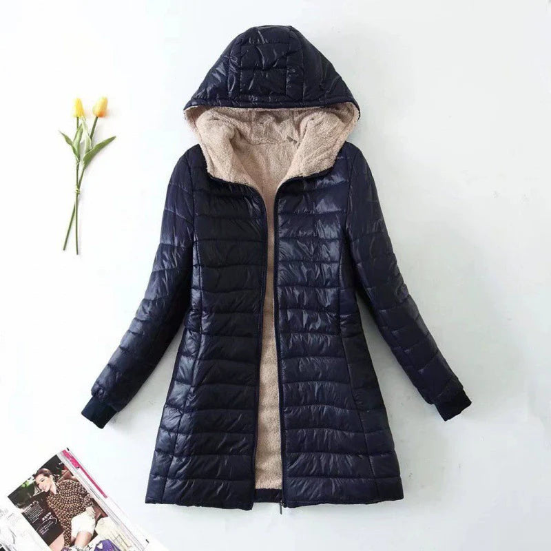 Women's Coat - Woven Fabric - Hood - Mid-Thigh Length