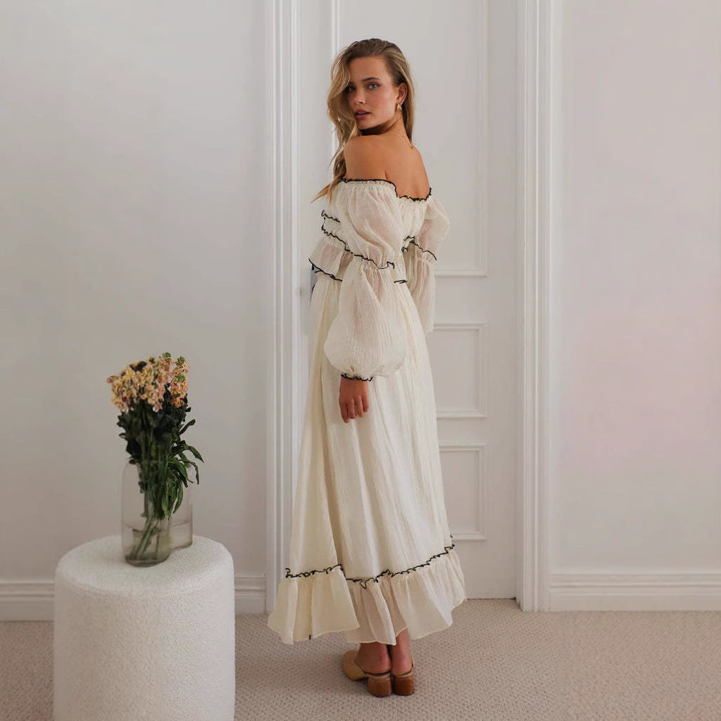 Ensemble Femme – Haut Épaules Dénudées et Jupe Longue – Coupe Ample – Détail Volants