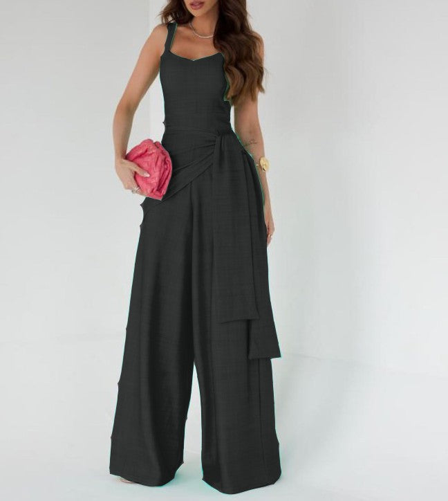 Jumpsuit for women – Lightweight linen – Sleeveless – Adjustable waist – Wide leg