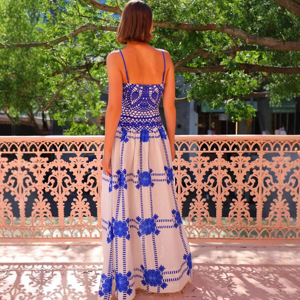 Robe longue femme – Dentelle crochet – Bretelles fines – Jupe fluide à motifs floraux