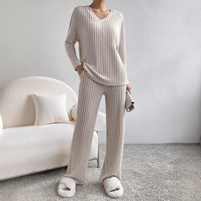 Ensemble Femme – Haut Col V Manches Longues – Pantalon Droit