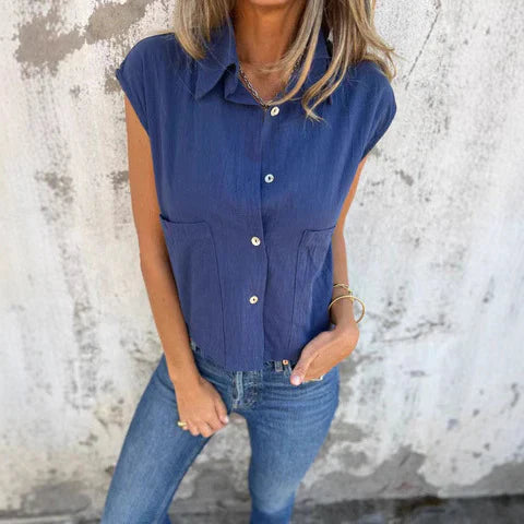 Women's sleeveless top – Loose fit – Natural fibres – Buttoned with pockets