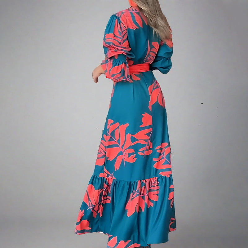Robe longue femme – Tissu fluide – Manches bouffantes – Ceinture – Décolleté en V