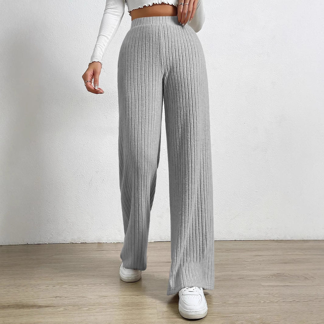 Wide women's pants – High waist – Ribbed knit – Loose fit – Full length