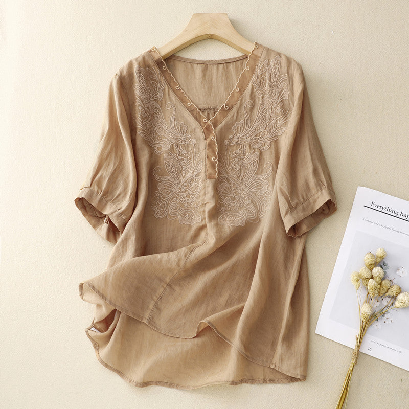 Chemise femme manches courtes – Coupe ample – Col V – Broderie élégante – Tissu respirant