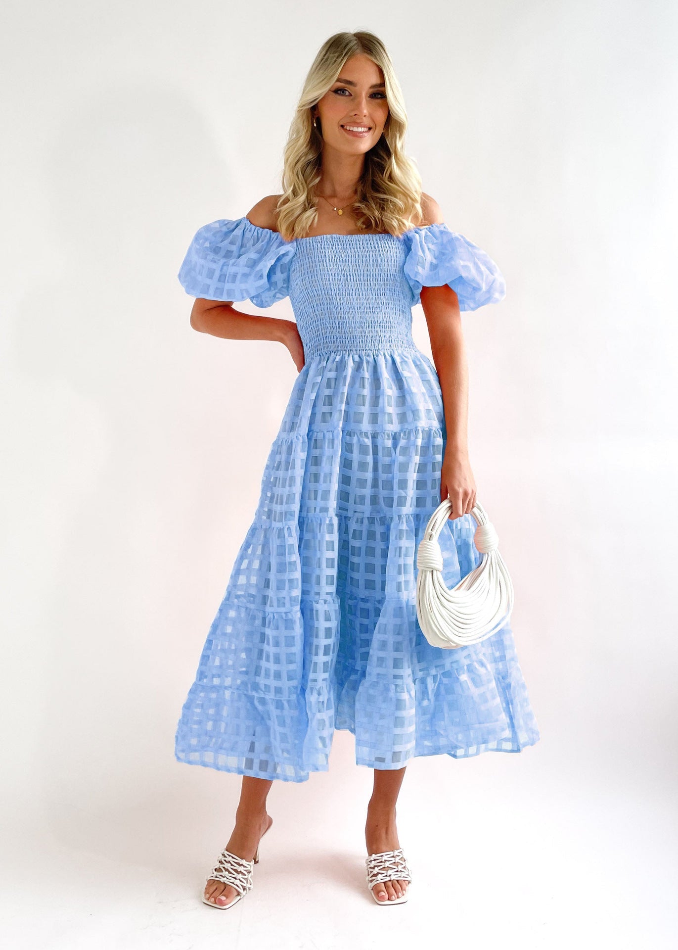Women's long dress – Off-the-shoulder – Puff sleeves – Smocked waist – Breathable fabric