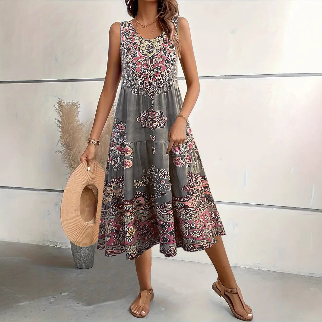Women's midi dress – Flared cut – Sleeveless – U-neck – Floral print – Cotton