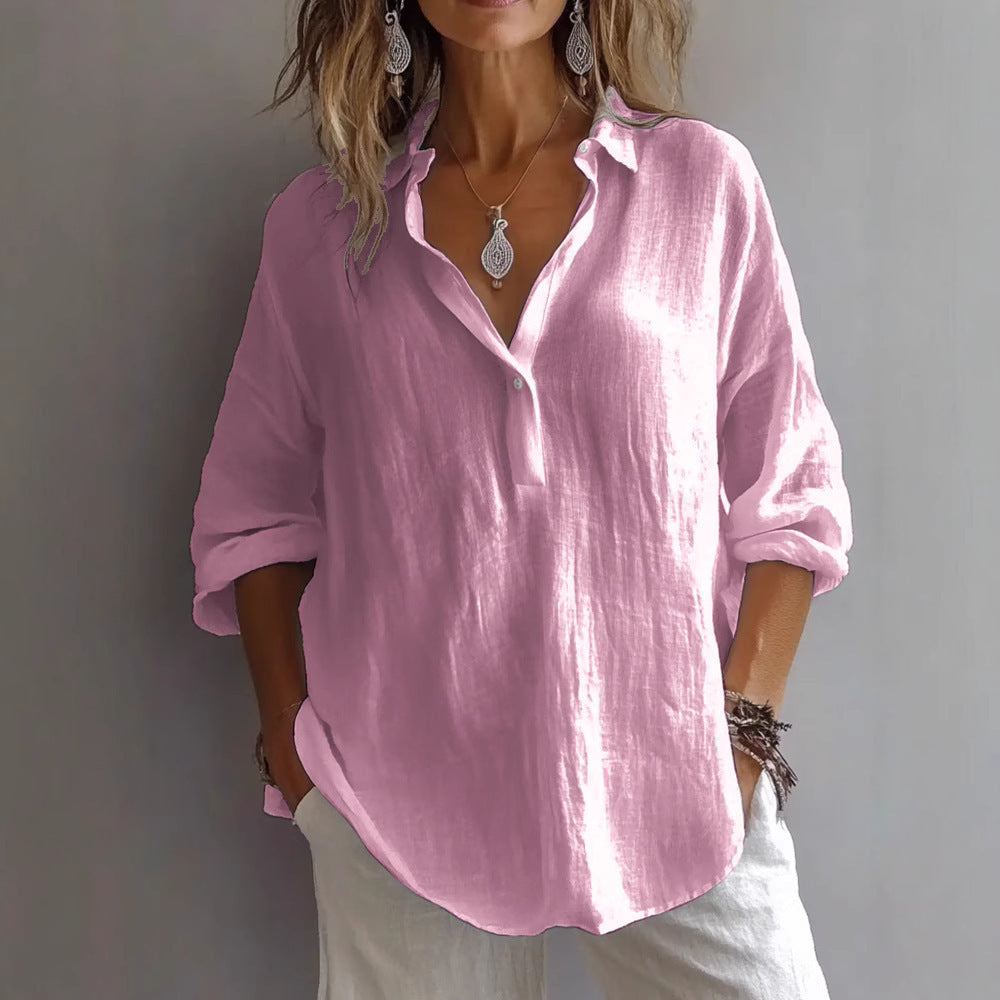 Women's Shirt – V-Neck – Loose Fit – Long Sleeves – Breathable Natural Fibers