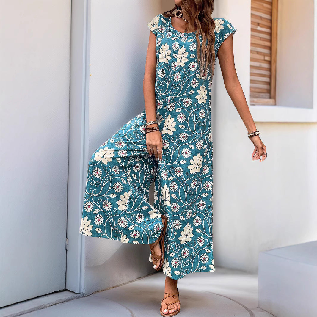Women's jumpsuit – Relaxed fit – Wide legs – Short sleeves – Floral print