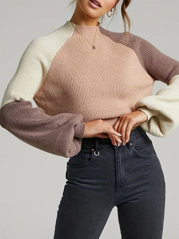 Pull femme – Coupe oversize – Tricot doux – Col montant – Manches évasées – Color block