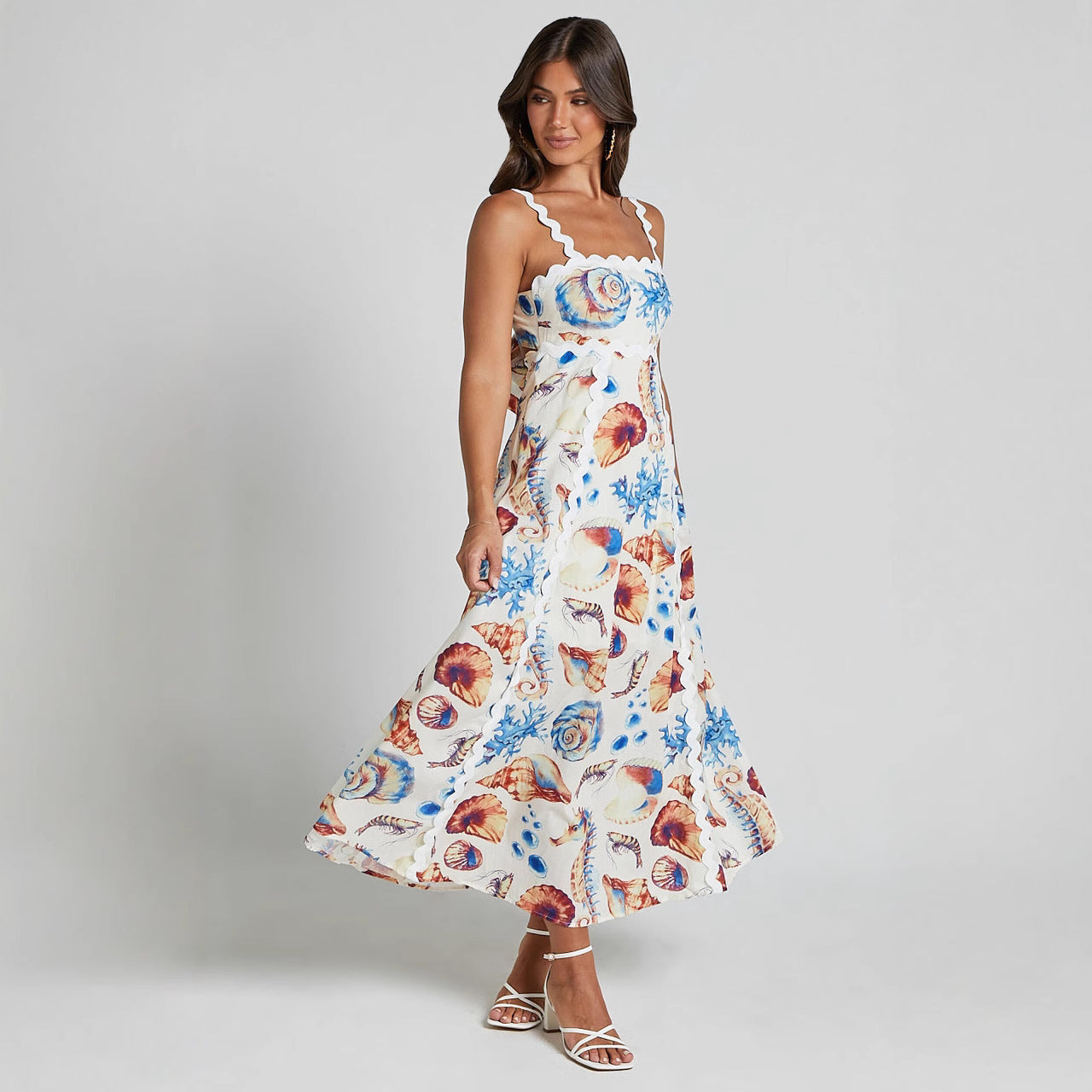 Robe longue femme – Fibres naturelles – Coupe ample – Bretelles fines – Imprimé décontracté